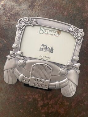 Six Trees Silver 'Just Married' Car w/Roses Decorative Picture Frame 5”x3 1/2”-